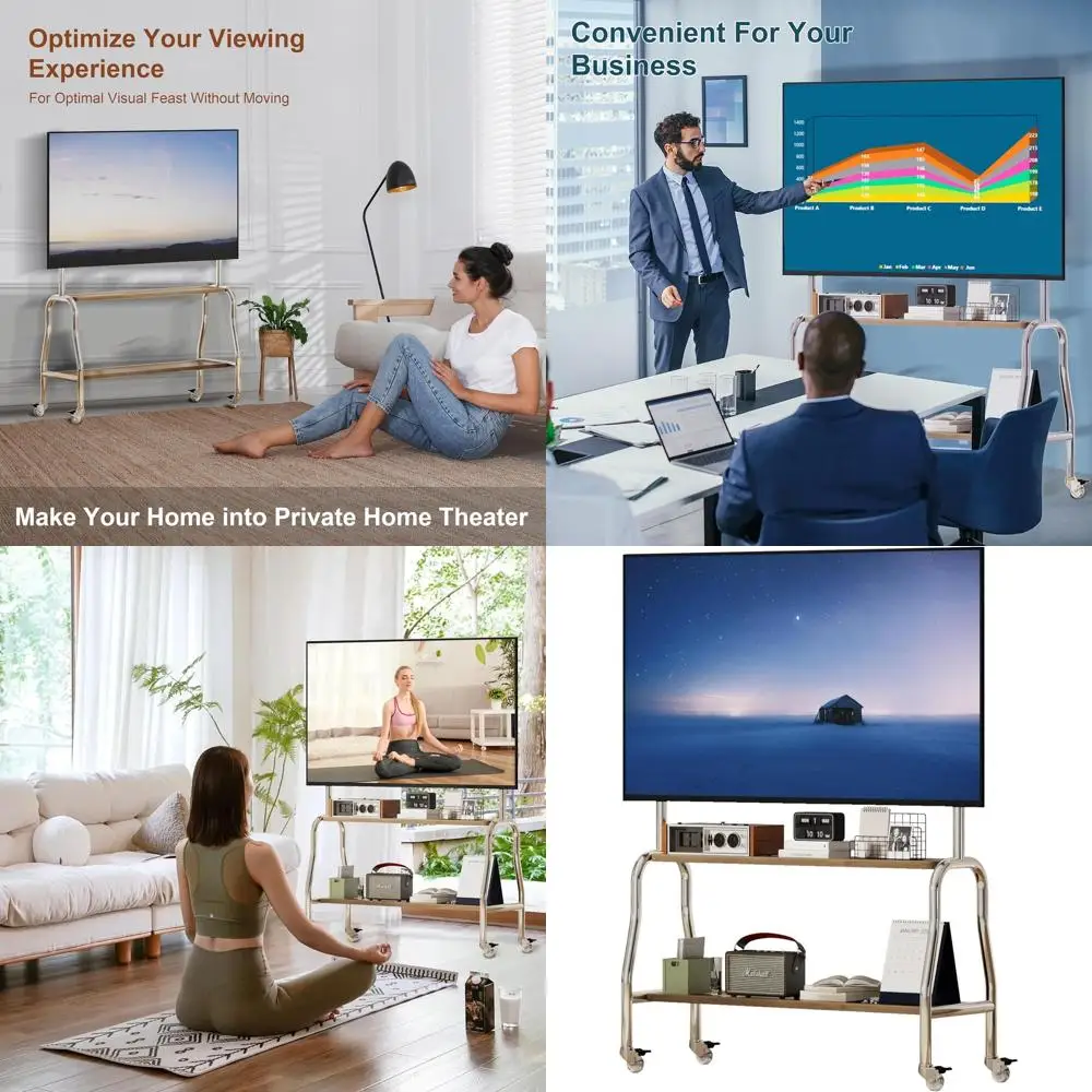 حامل تلفزيون بعجلات، حامل تلفزيون يناسب شاشة تلفزيون 43-75 بوصة تصل إلى 110 رطل، حامل تلفزيون دوار قابل للتعديل لارتفاع غرفة المعيشة