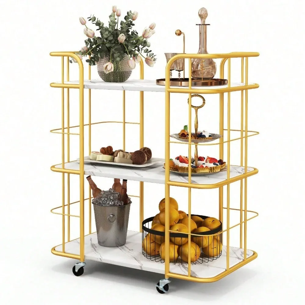 

3-Tier Kitchen Storage Utility Cart Gold Rolling Bar Serving w/Lockable Casters