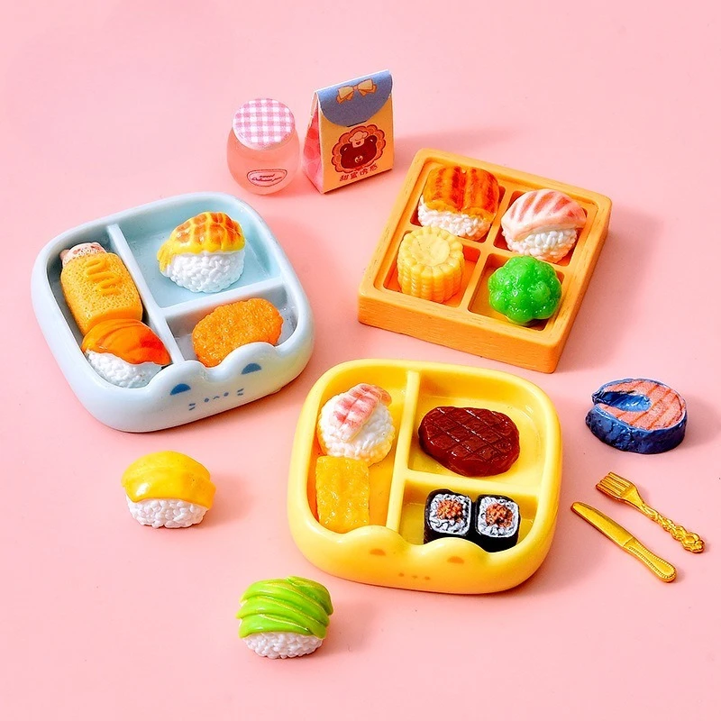 10PCS Random Bento Box Sushi Resin Charms Play Food Dollhouse Decor Miniature Fake Food DIY Craft Supplies
