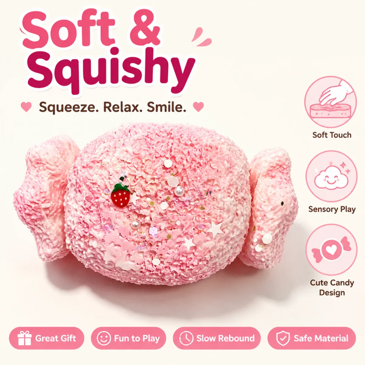 Pink Candy Squishy Toy Food Grade Silicone Textured Fidget Squeeze Toy With Strawberry Pearl Star Decor Soft Stress Relief Toy