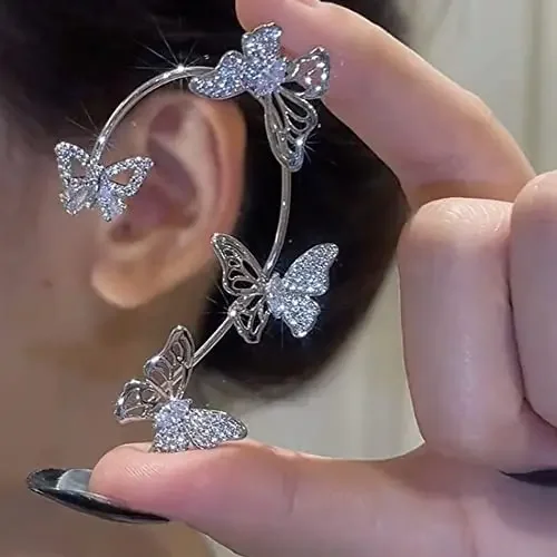 A Pair Crystal Butterfly Flower Clip Earrings Cuffs Non-pierced Sparkling Iced Out Rhinestone Butterfly Clip Earrings Girl