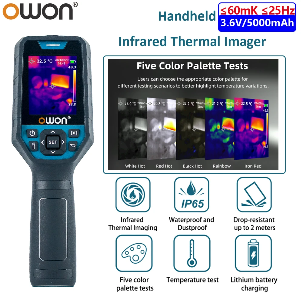 Owon TI219 Handheld Thermal Imaging Camera 2.8”TFT  LCD IP65 25Hz 60mK High-temperature Alarm 5000mAh With PC Analysis Software