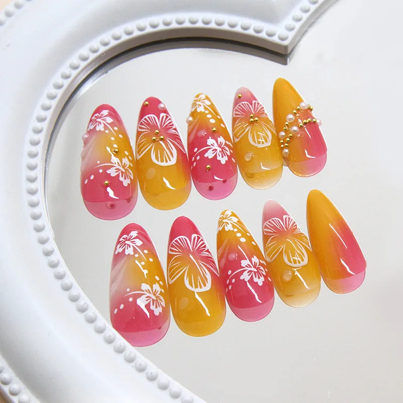 24szt Gold Pink Flower Press On Nails Glossy Almond Autumn Wearable Fake Nails With Pearl Gold Ball Decor Ballet False Nail Tips