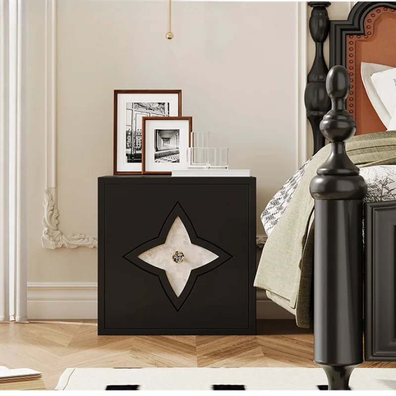 French black small square cabinet net celebrity four-leaf clover natural shell bedside table, solid wood module card door