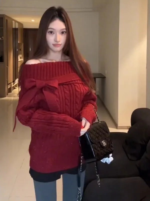 

Женский вязаный свитер большого размера с узлом на одно плечо, свободного кроя, красный, для Нового года и празднования годовщин по лунному календарю