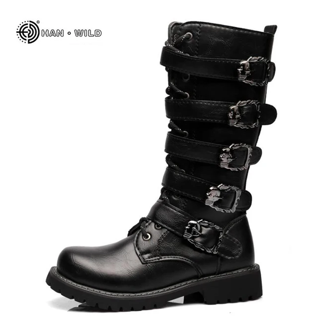 Zimowe męskie buty motocyklowe 2024 Moda do połowy łydki Punk Rock Punk Shoes Męskie PU Leather Black High top Casual Boot Man
