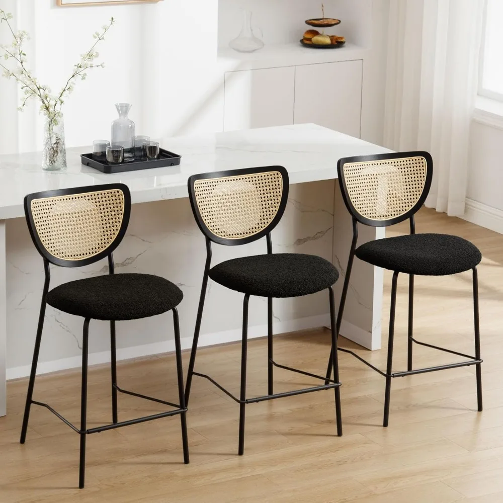 

Bar Stools Set of 3, 26" Counter Height Bar Stools for Kitchen Island, Mid Century Modern Kitchen Stools with Rattan Back,