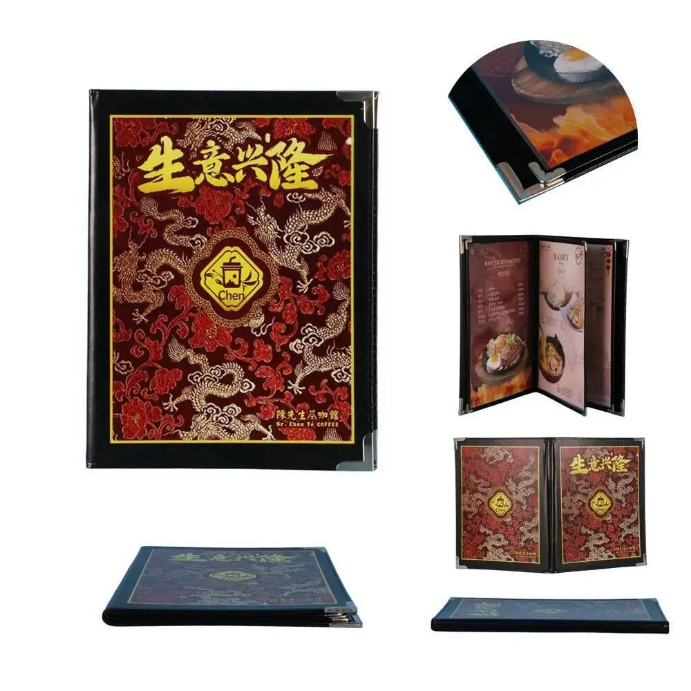8.5 × 11 بوصة إدراج ورق A4 PU حافة جلدية 6 صفحات 12 عرض أغطية قائمة المطاعم تناسب كتاب حامل الورق القائمة