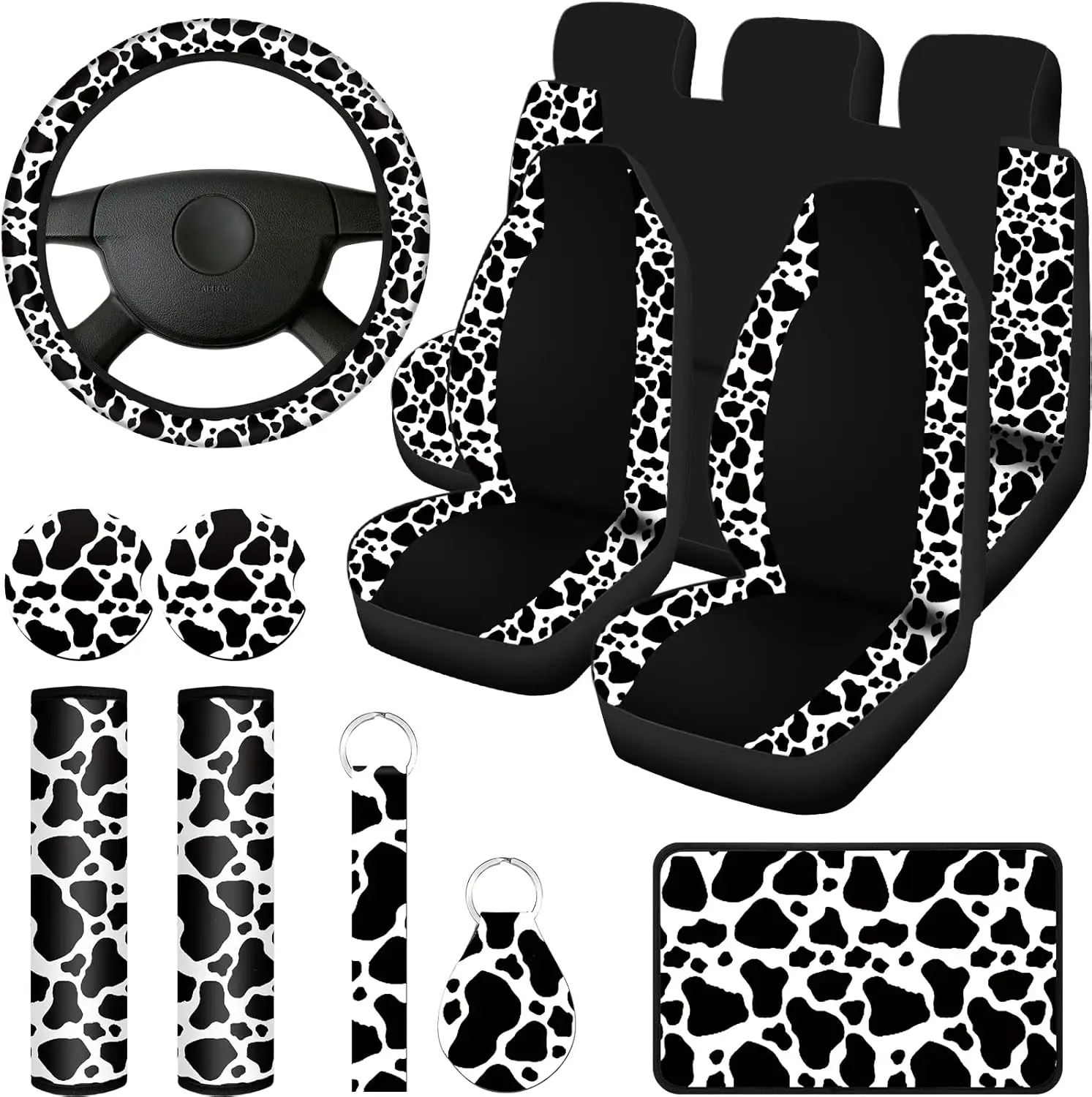 

13-Piece Cow Print Car Accessories Set with Steering Wheel Cover, Seat Covers, Pads & Keychain in White and Black