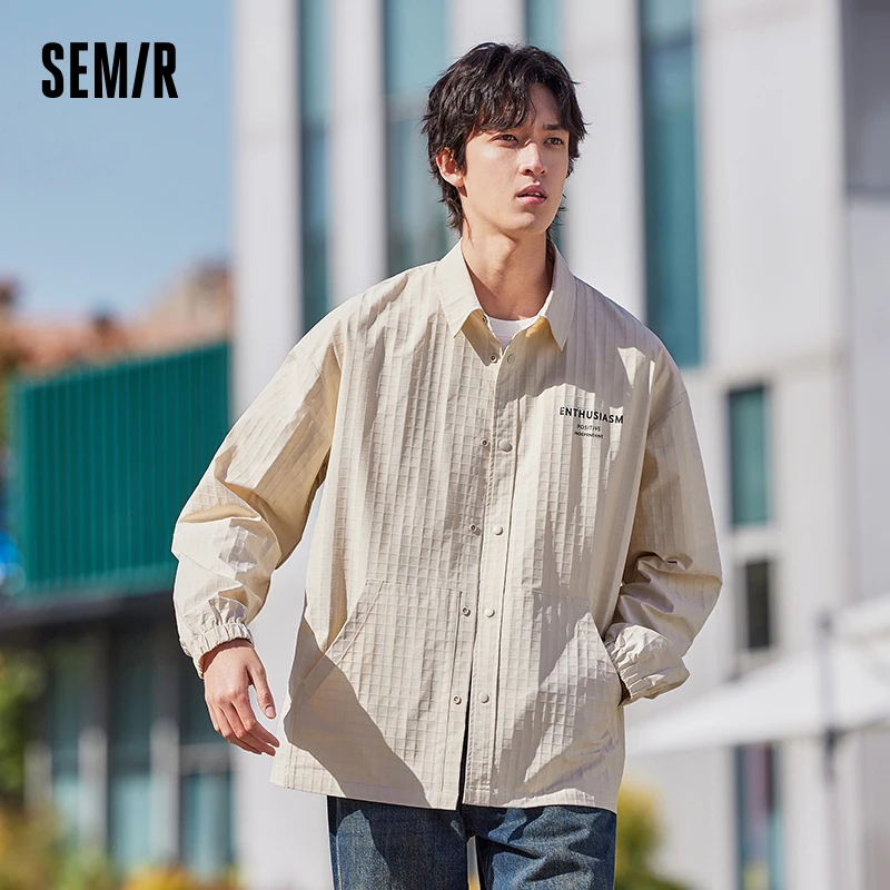 Semir Jacket Men 2024 Spring New Korean Letter Printed Lapel Shirt Jacket Textured Small Plaid Trendy Coats Men