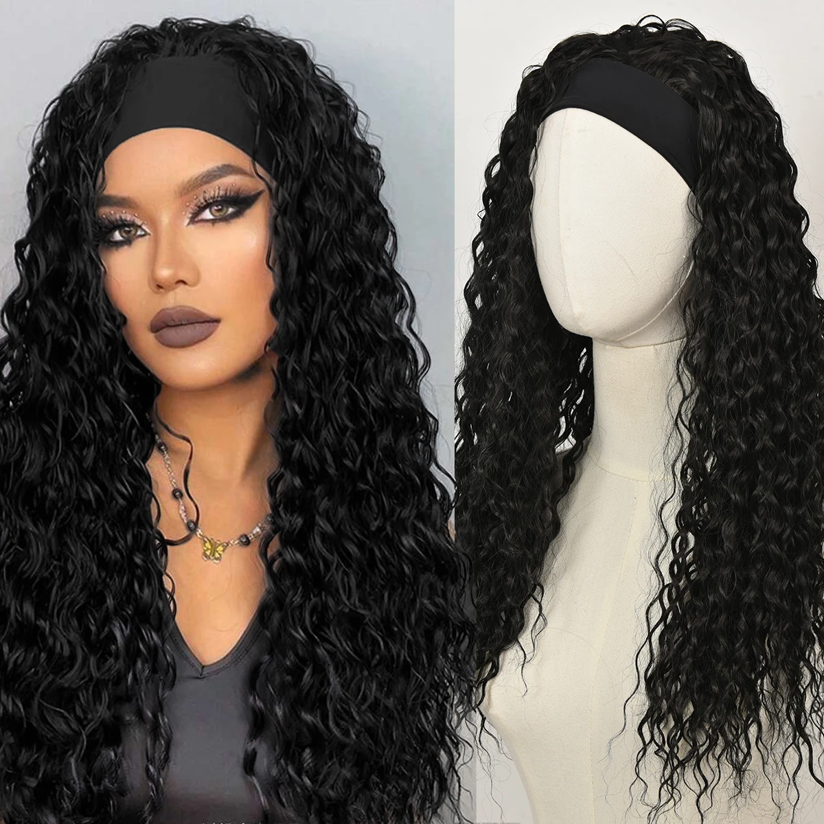 

Synthetic black silk scarf small curly wig women's curly hair no bangs long curly hair heat-resistant headgear wig