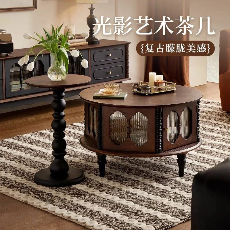 

Retro solid wood round coffee table small coffee table Changhong glass medieval small apartment living room French tea table edg