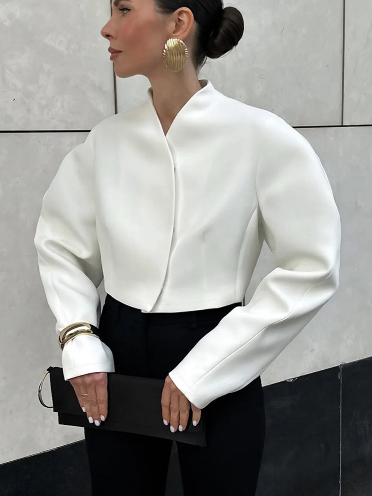 

White Cropped Stand Collar Jacket For Women 2026 Spring Fall Elegant Long Sleeve Loose Casual Chic Office Lady Short Outerwear