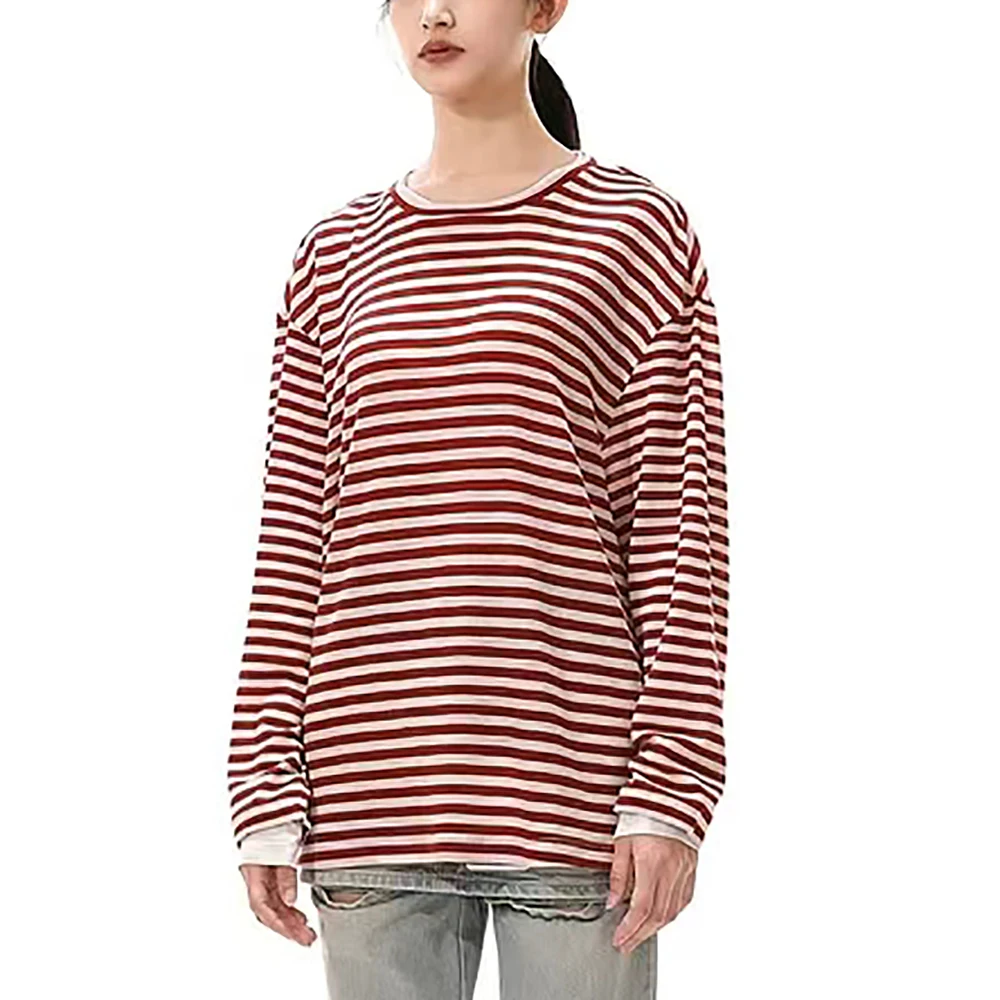 Wool Blend Women's T-Shirt Y2k Patchwork Cuffs Striped Knit Fashion Commuter Round Neck Long Sleeve Top 2024 Fall New