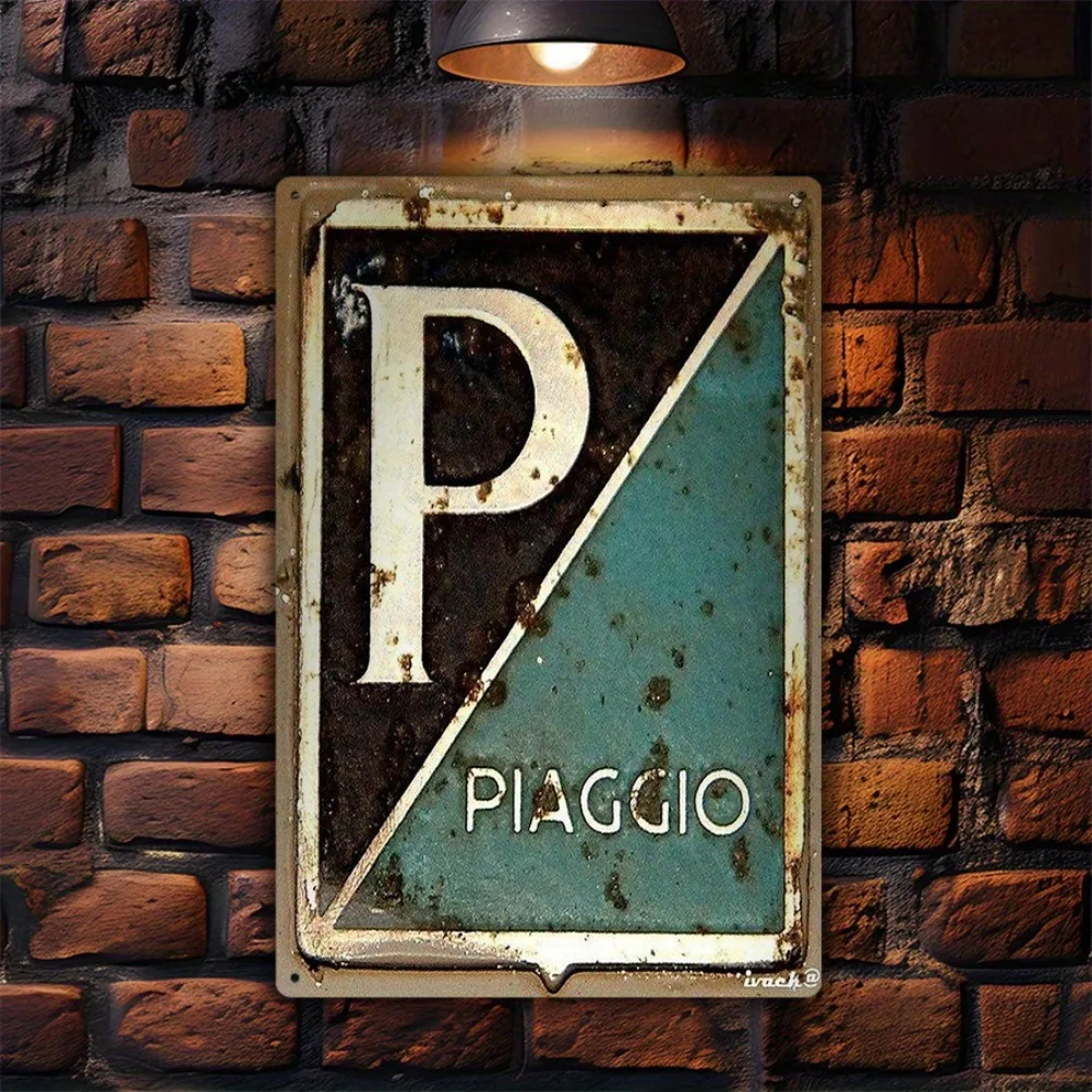 1pc 7.8x11.8 Inch 2D Flat Vintage Piaggio Metal Wall Sign - Rustic Distressed Design W/Bold 'P' Lettering & Contrasting Colors