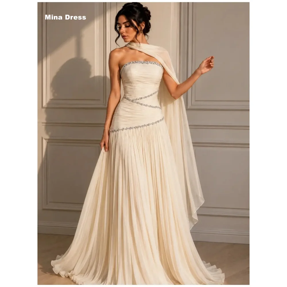 Mina Maßgeschneidertes Beiges Trägerloses Abendkleid mit Edelsteinen, Plissee-Schal, Ärmellos, Rückenfrei, Hochzeitskleid, Kleider 2026 Trends, Ballkleid