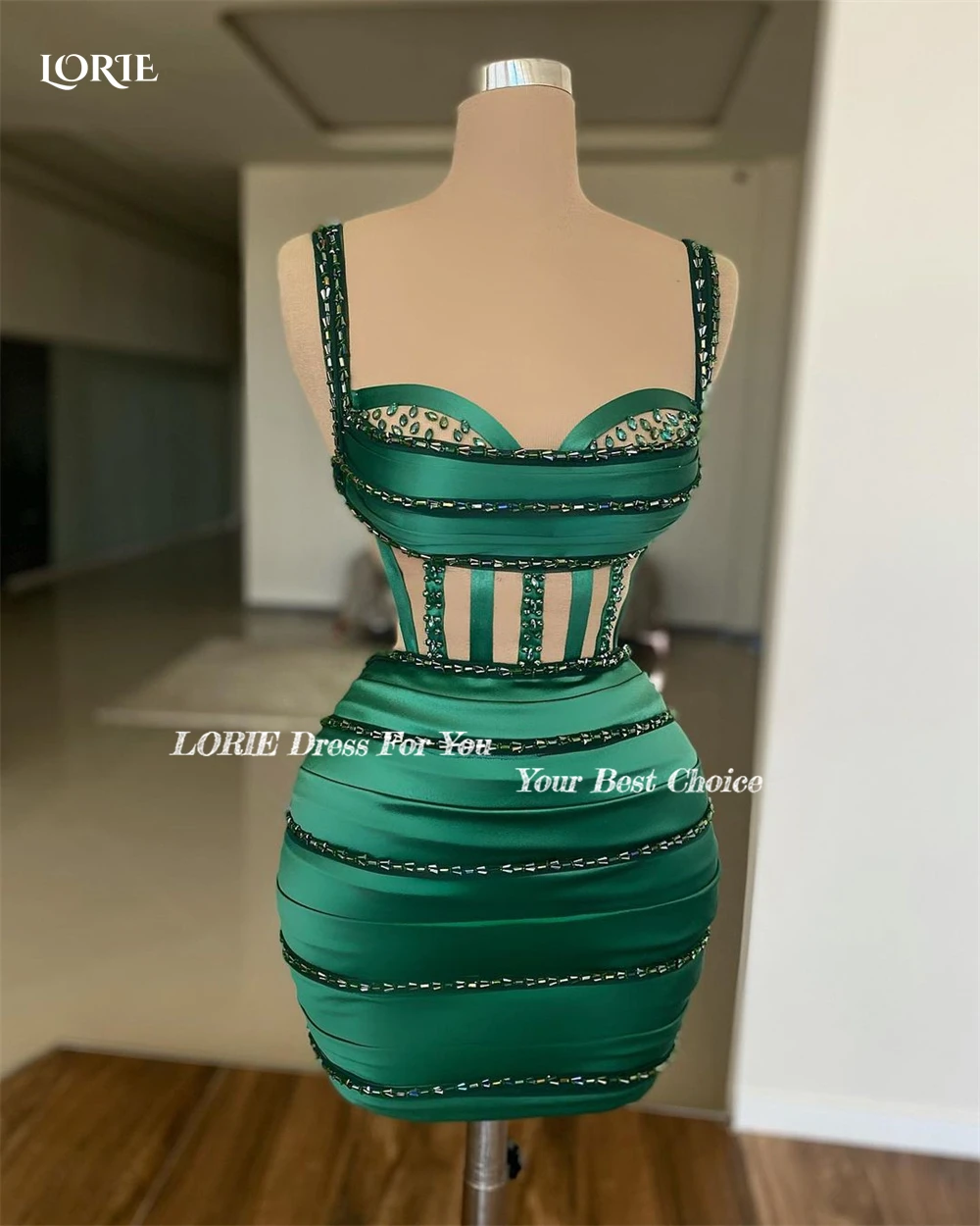 LORIE Dark Green Mini Cocktail Party Gowns Spaghetti Straps Pleats Beadings Dubai Evening Dresses Saudi Arabia Clubbing Dress