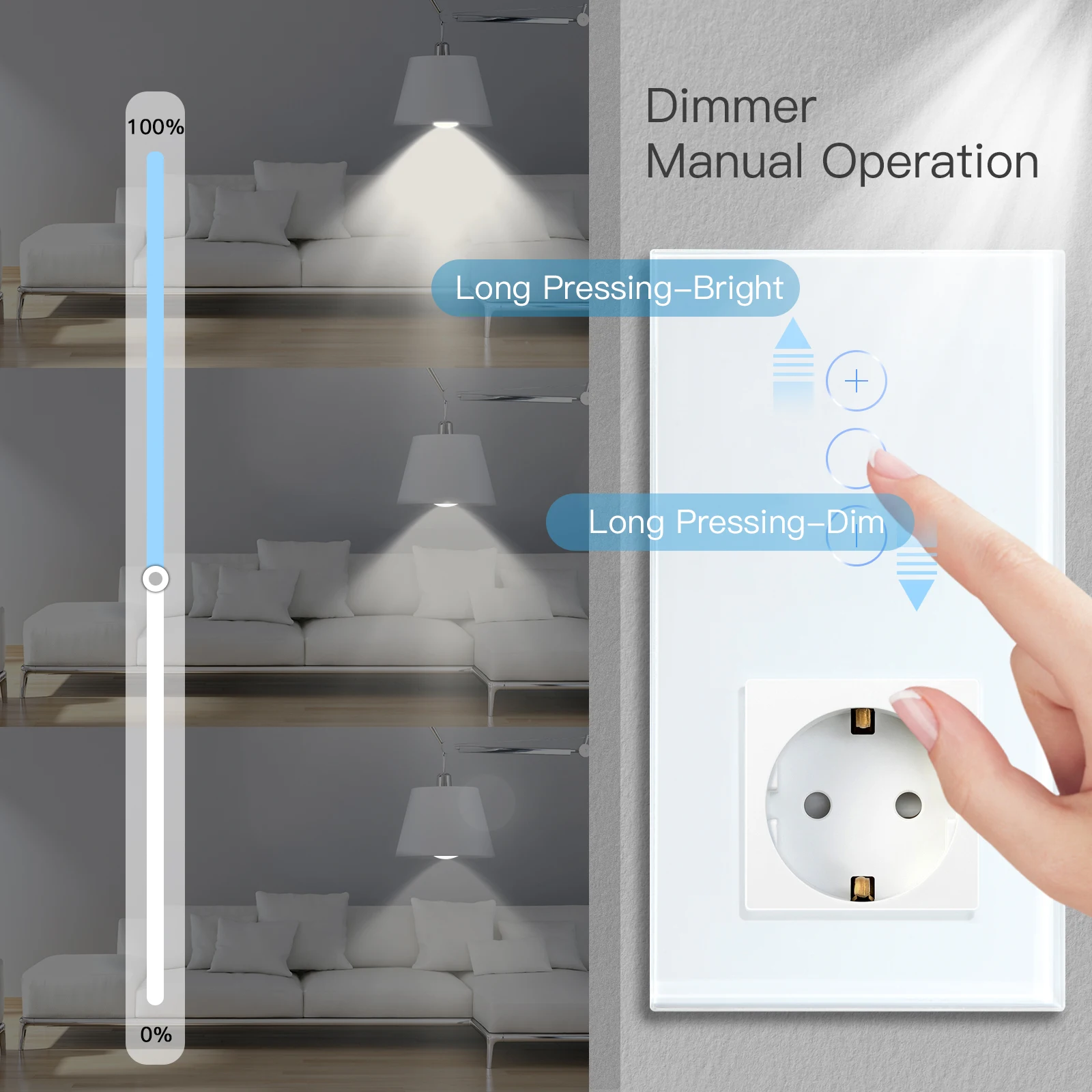 BSEED 1Gang Led Touch Dimmer Switch Wall  1Way Plus Power Socket with USB Type-c Outlets Crystal Panel Blue Backlight