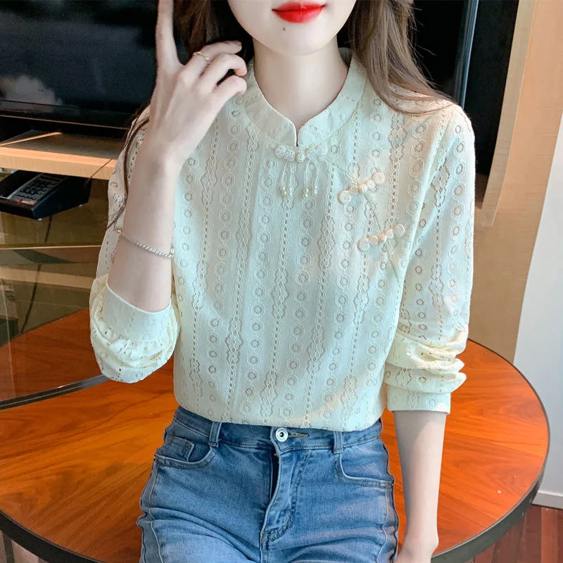 Women Spring Autumn Blouses Shirts Lady Casual Long Sleeve Stand Collar Solid Color Blusas Tops DF4758