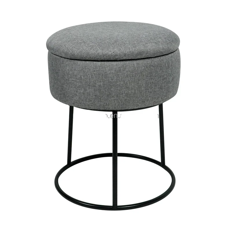 Living Room luxury Round Fabric Stool Grey Storage Ottoman Stools