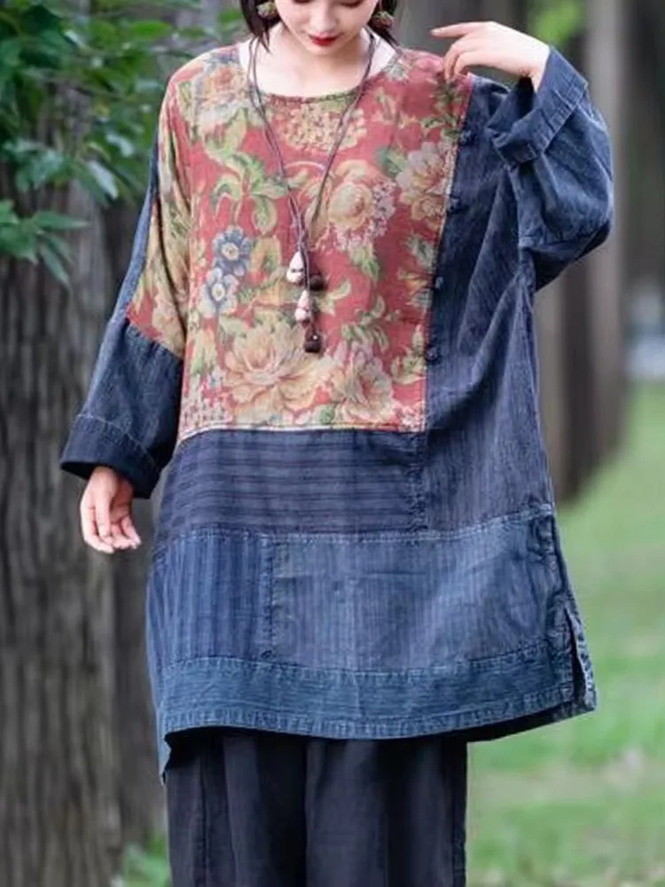 Amax LuluE Gaun Denim Tiongkok Tambal Sulam Cetak Musim Gugur Wanita Pakaian Klasik Longgar Santai Ukuran Besar Vintage Mode