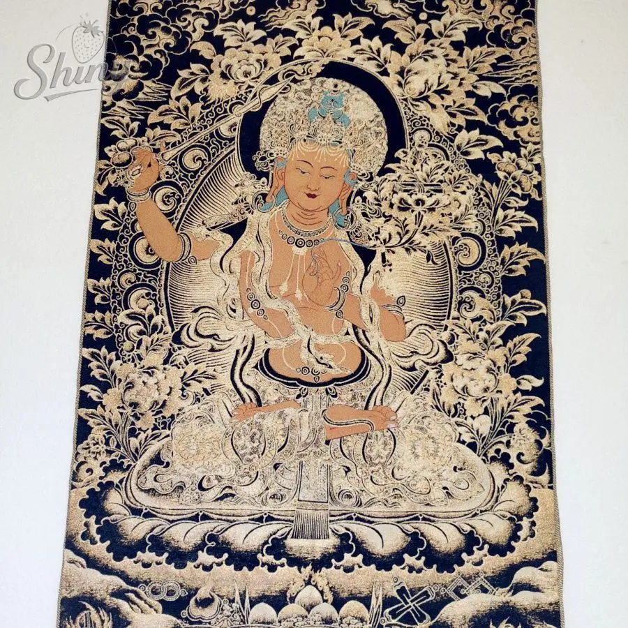 Black Gold Manjusri Bodhisattva Brocade Tibetan Tangka Embroidery Painting Gold Thread Embroidery Decorative Hanging Pictures