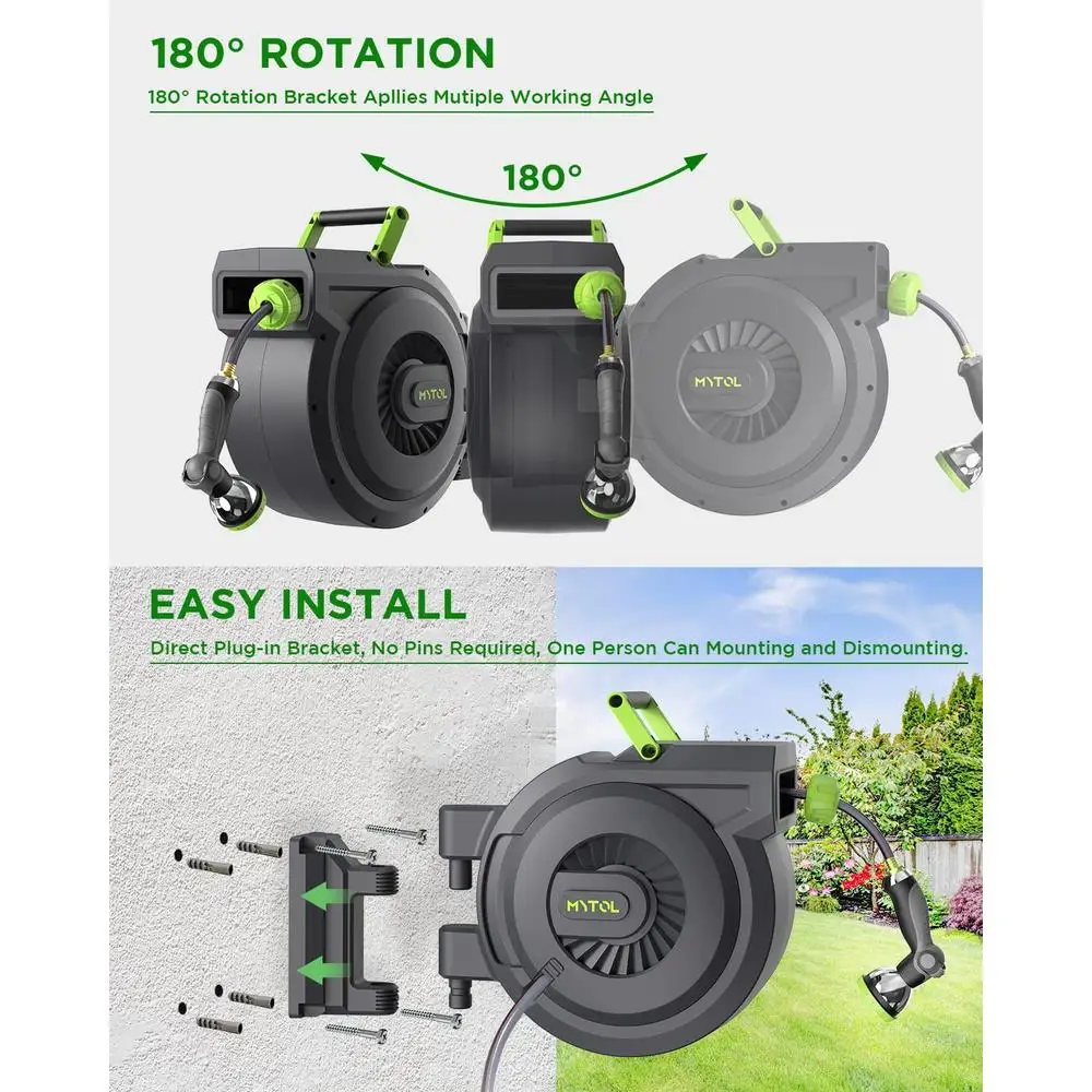 100ft Retractable Garden Hose Reel Wall Mount ระบบล็อคกลับช้าอัตโนมัติ