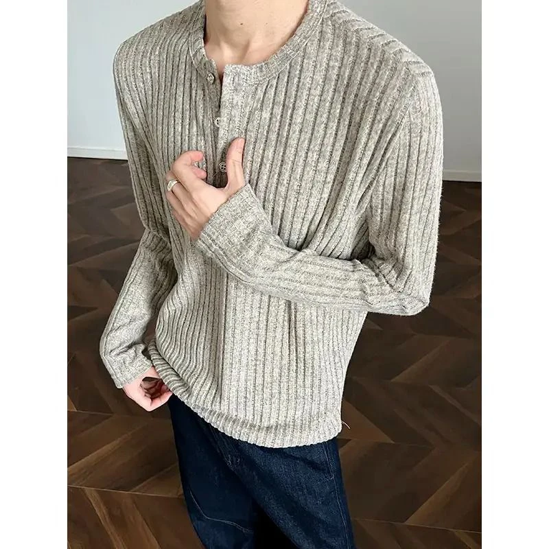 Mens Retro Vertical Striped Henry Long Sleeve T-shirt Clean Fit Oversized Thin Basic Undershirt Autumn Vintage Street Top