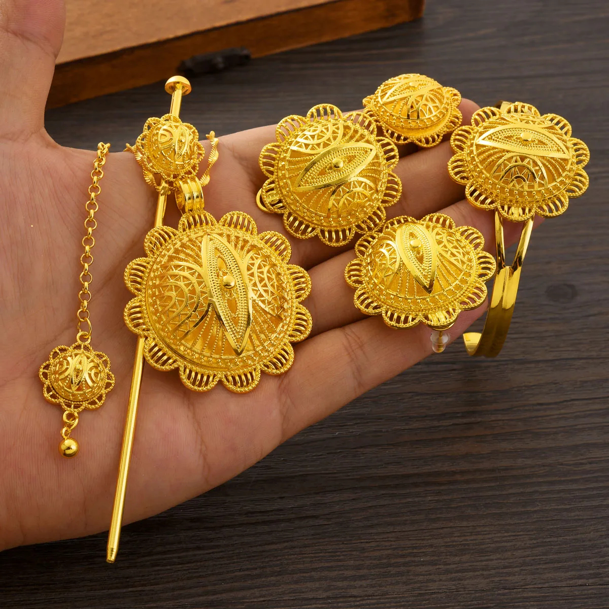 Ethiopian Jewelry set Hollow out Hairpin Head Chain Bangle 4-Piece/6-Piece Sets African Eritrean Wedding Engagement Gift #158