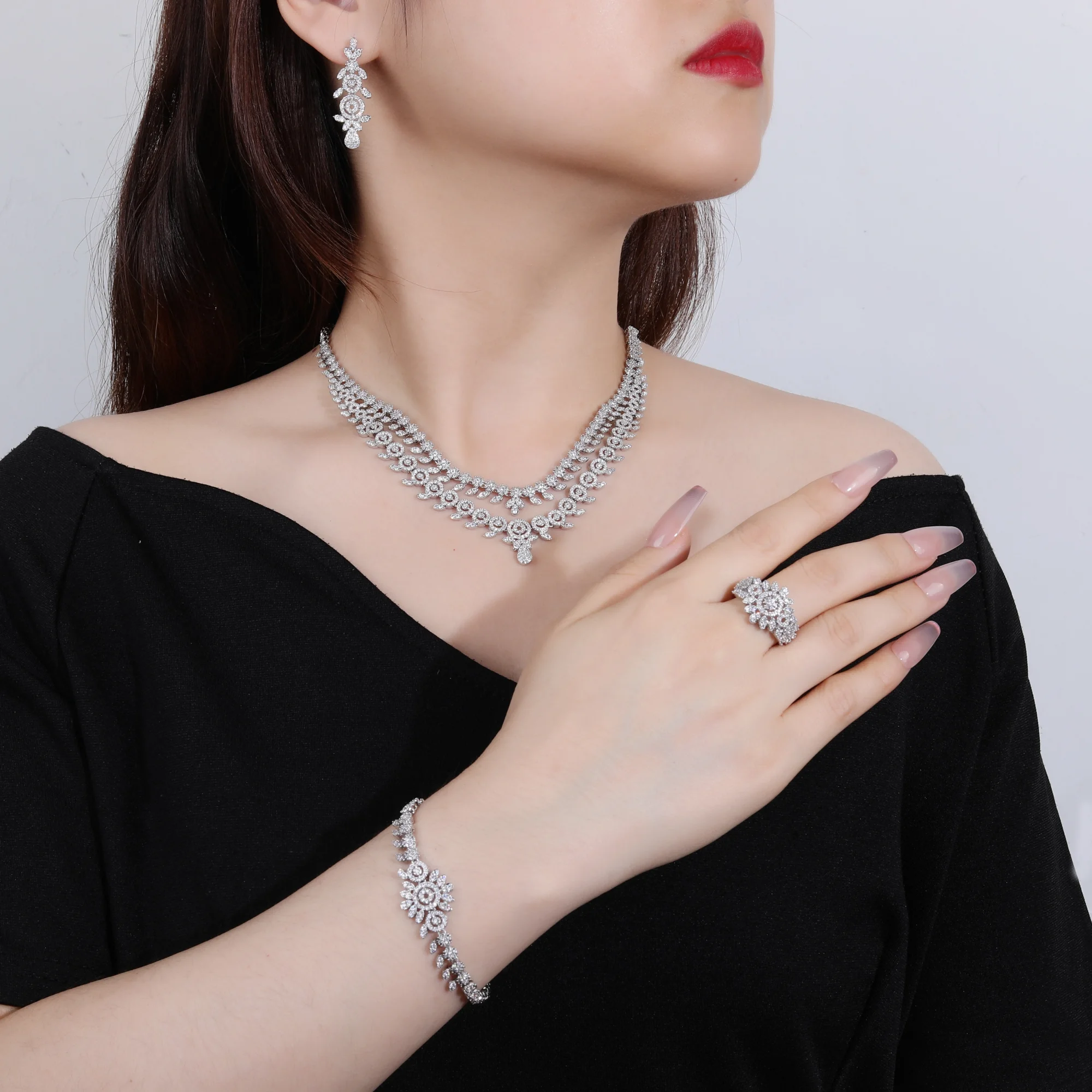 4pcs Fashion Luxurious Decor Rhodium Platinum Plating Double layers Necklace Jewelry Set For Wedding Party Bride Ramadan