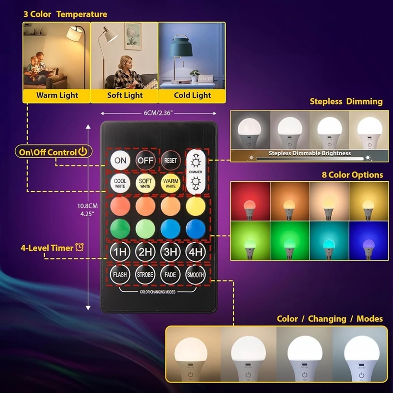 LED Rechargeable Light Bulbs with Remote E26 Battery Operated Light Bulb Smart 3 Colors Changing Bulb with Hook-A31R