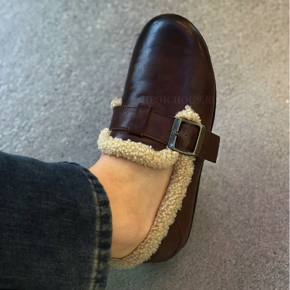 Women Coffee Oil Wax Leather Loafers Antique Brass Buckle Sherpa Fleece Trim Slipon Warm Winter Casual Flat Shoes
