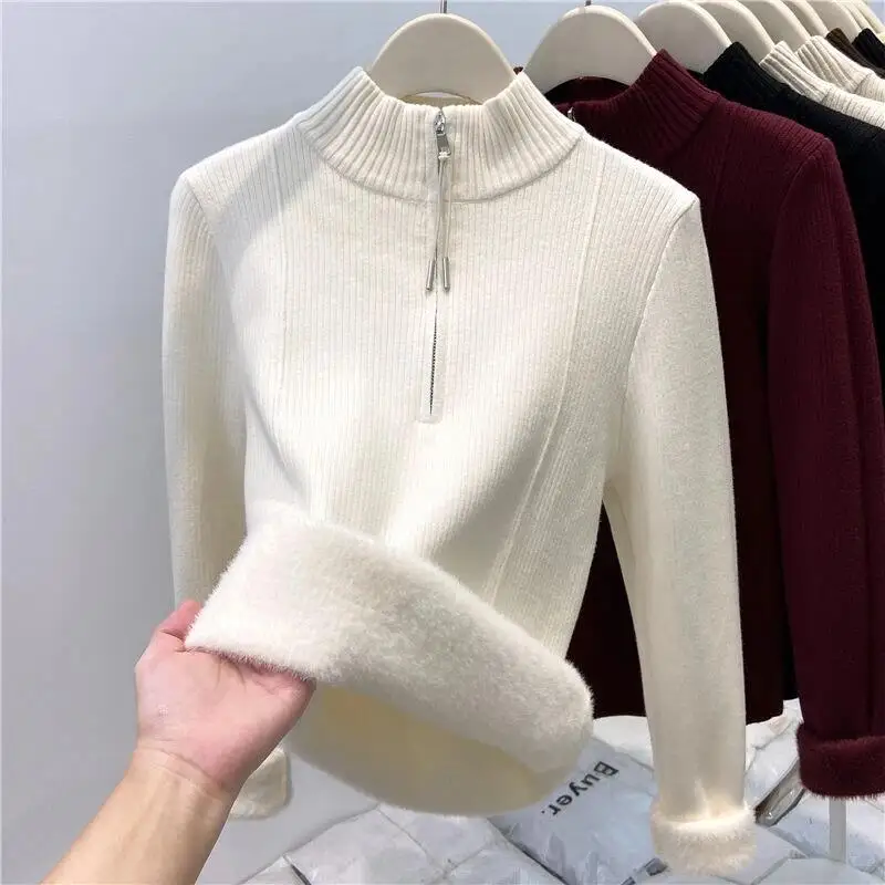 Zipper Half Turtleneck Sweater with Fleece Lining, Thickened Knitted Base Shirt for Women, Autumn and Winter Warm Inner Wear