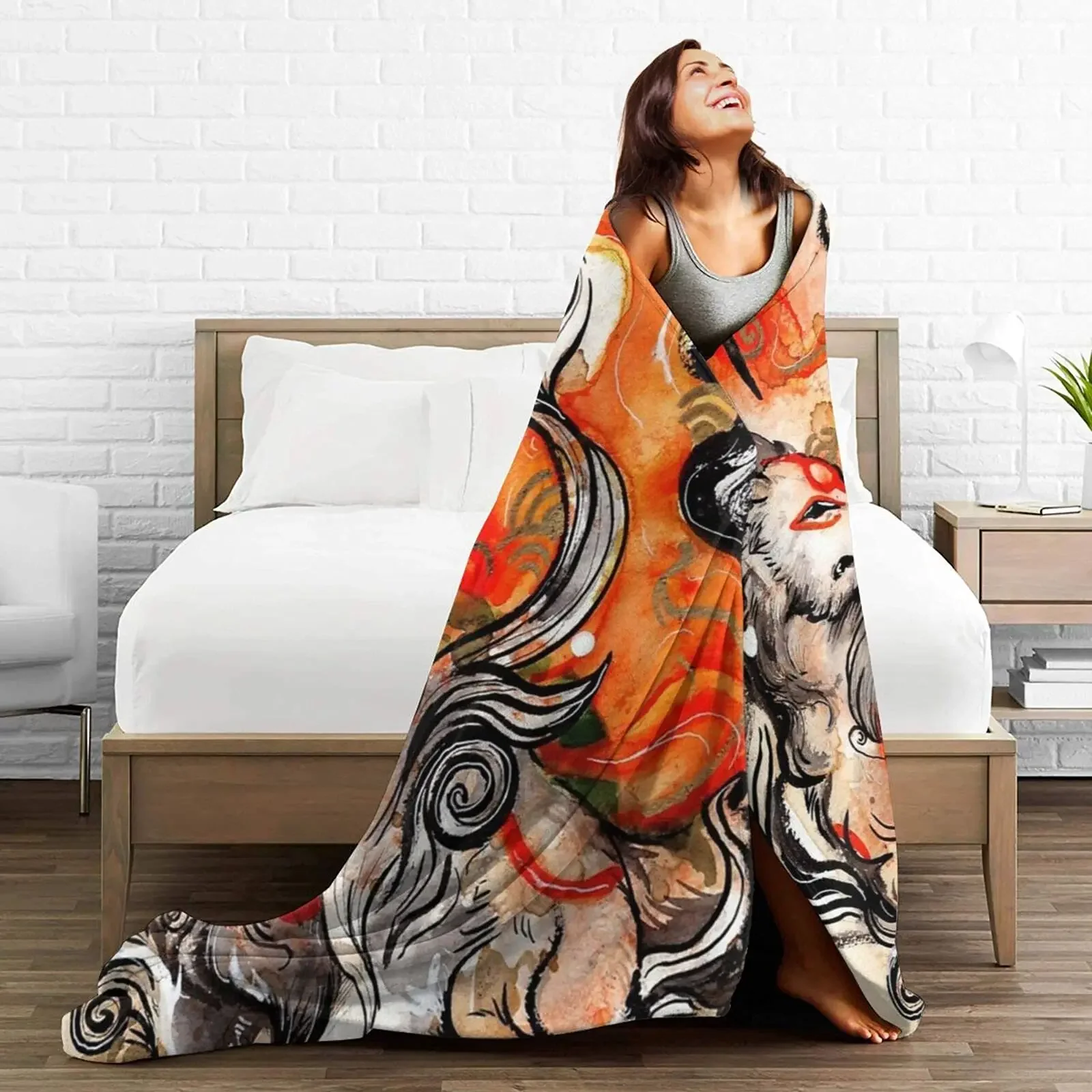 Okami Amaterasu Ultra-Soft Micro Flannel Blanket Japanese Fox Throw Blanket for Couch Sofa Bed Living Room Animal Themed Blanket