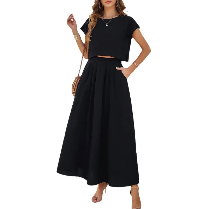 

2025 New Spring Summer Women Solid Color Casual Sleeveless Short Split Tops Streetwear Pocket Folded Long Skirt Comfortable Sets