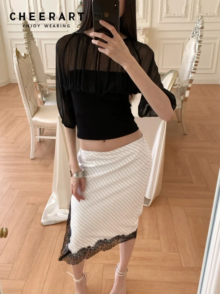 CHEERART White Striped Lace Skirt For Woman Summer 2026 Fashion Side Split Knee Length Low Waist Skirt Cute Bottoms Clothes