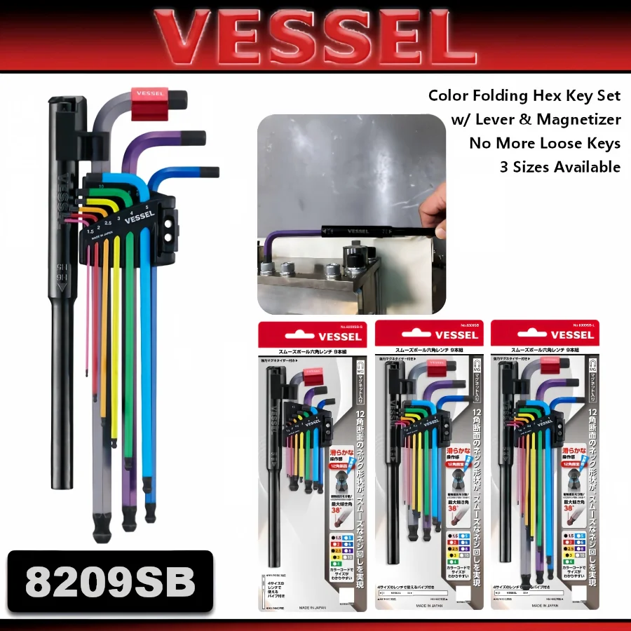 VESSEL Color Folding Hex Key Set w/Lever & Magnetizer Short/Long/Extra Long Portable Compact for Home Use 8209SB