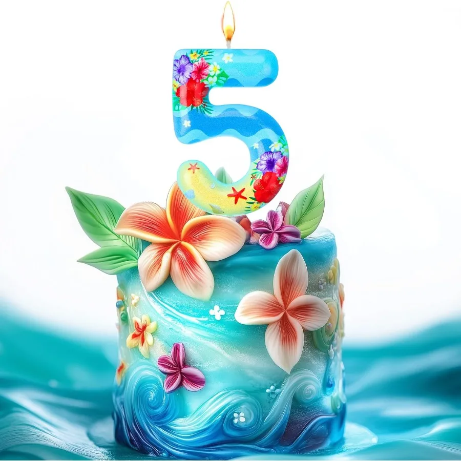하와이 테마 생일 숫자 양초 소녀들을 위한 바다 생일 파티 양초 열대 케이크 토퍼 오션 테마 장식 블루 루아우
