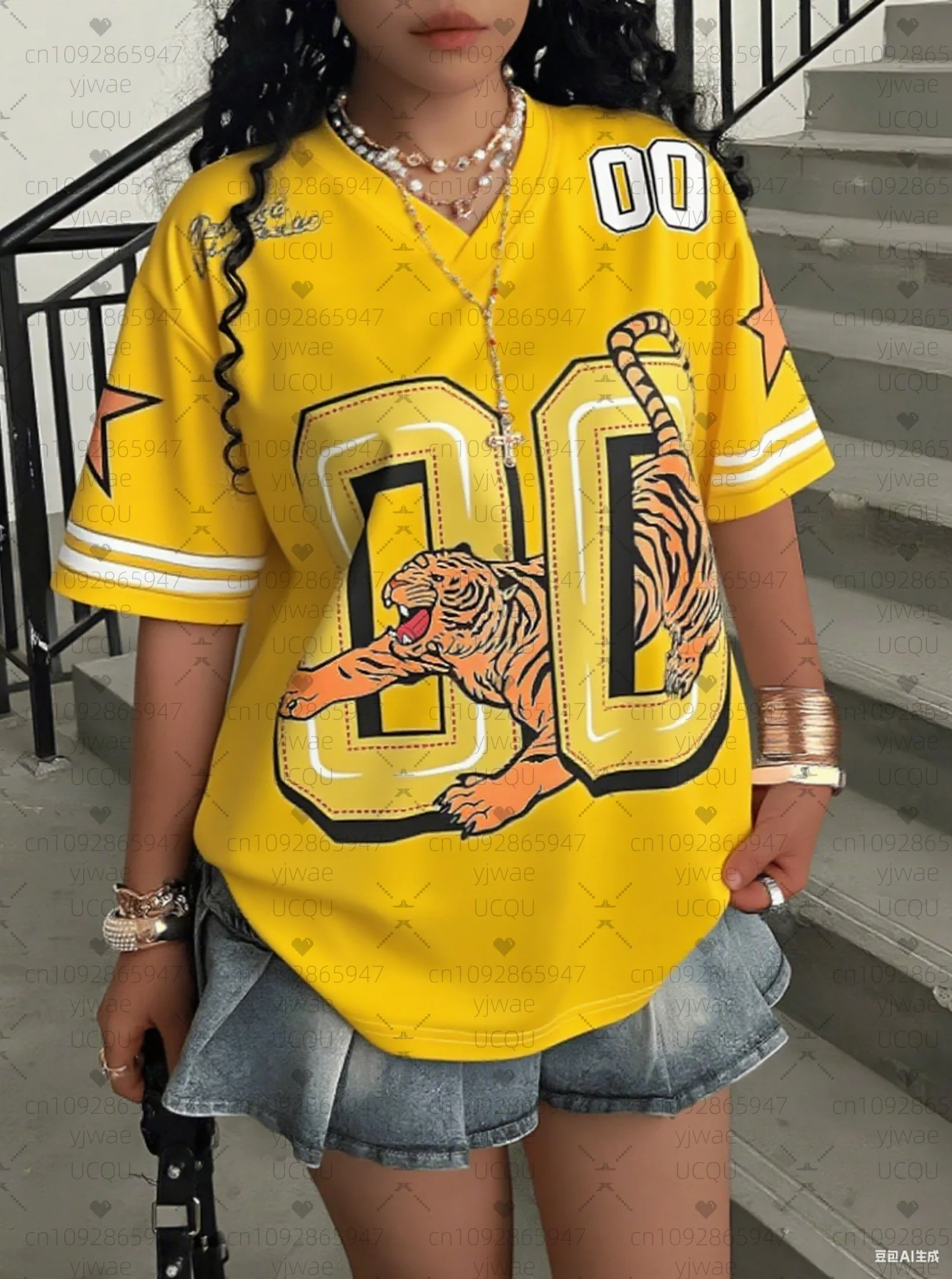 2026 Women Baseball Jerseys TIGER NUMBER Print V-Neck Short Sleeve T-Shirt Summer Tee Stripe Oversized Ventilate Sport T-Shirt