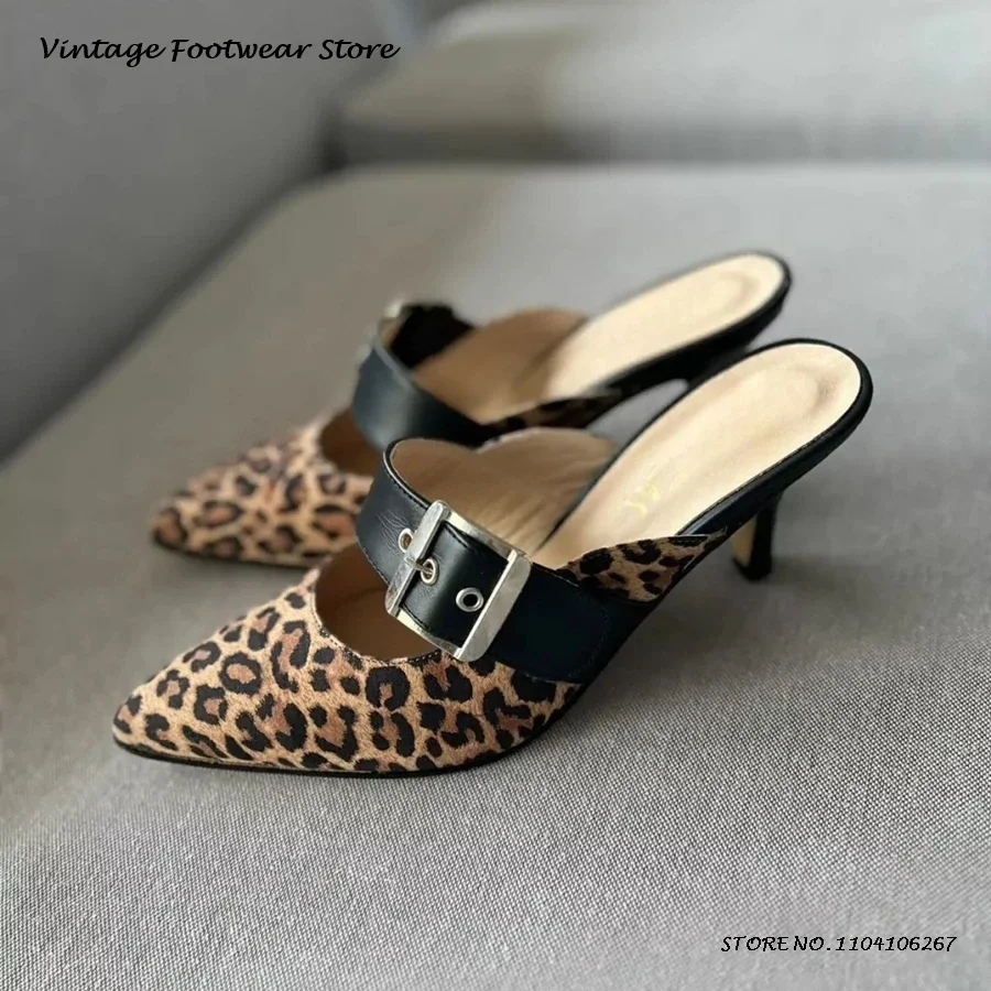 

Sexy Leopard Print Belt Buckle Mules 2025 Pointed Toe 5cm Thin Heels Party Shoes Women's Spring Summer Pull On Modern Slippers