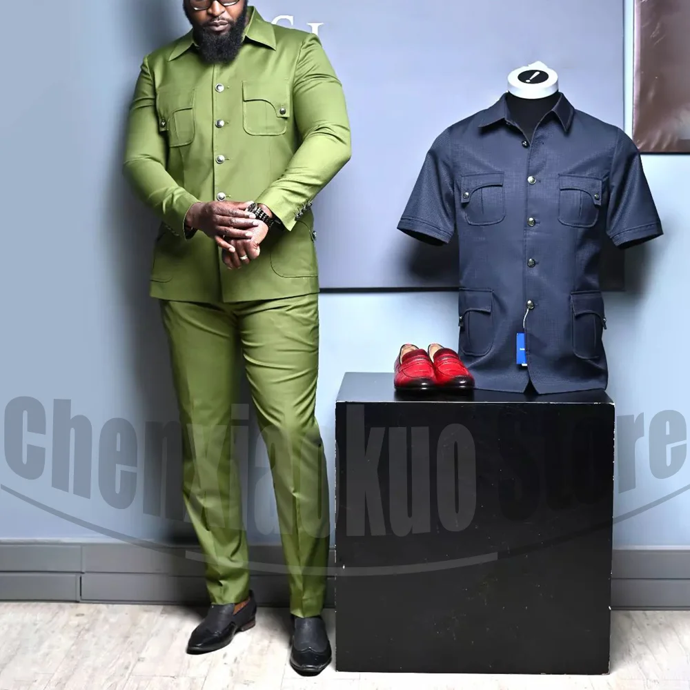 Men Suits Military Style Long Sleeves Single Breasted Outfits with Pockets Formal Evening Party Daily Casual Male Suit 2 Piece