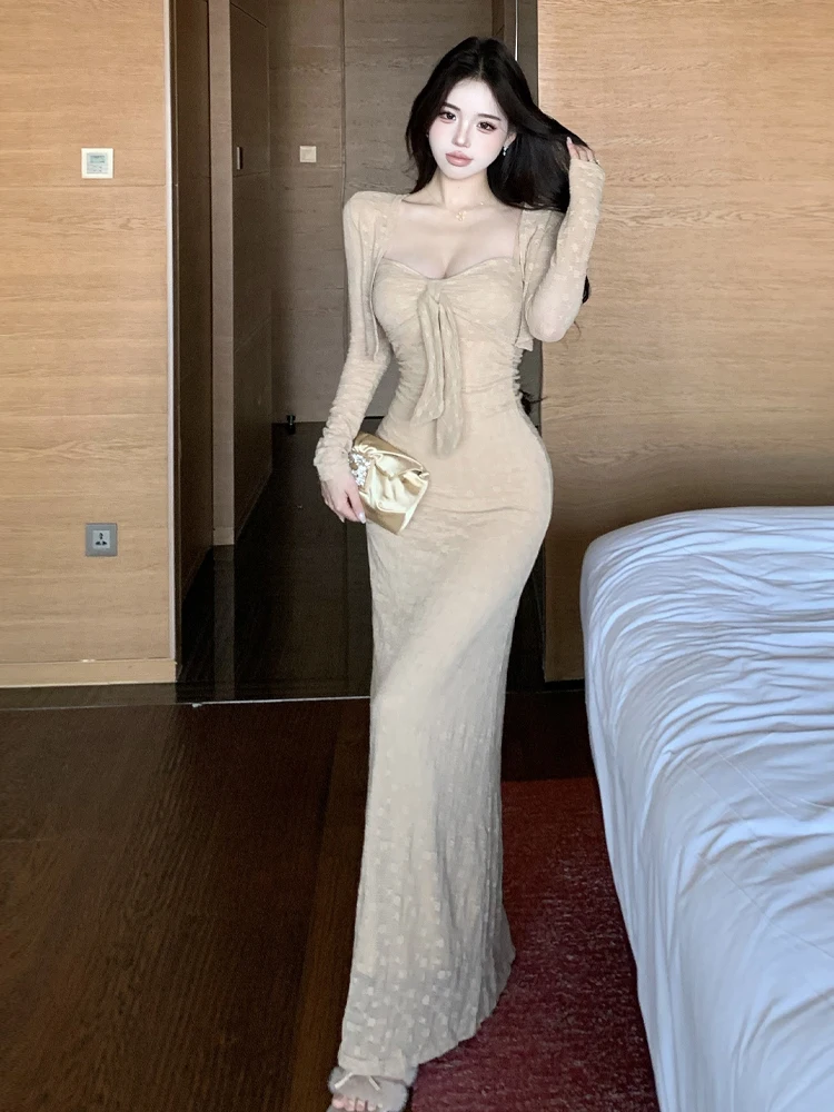 

Сексуальное длинное платье Sve Wrap Dr из двух предметов Pure Desire Sle, универсальное длинное платье на бретельках для осеннего сезона, модные женские...