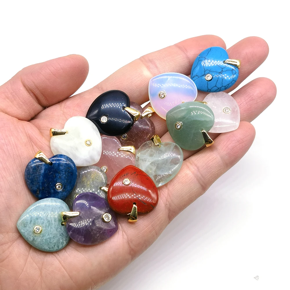22mm Love Heart Shaped Pendant Natural Stone Crystal Amethyst Rose Quartz for Charms DIY Jewelry Making Earring Necklaces