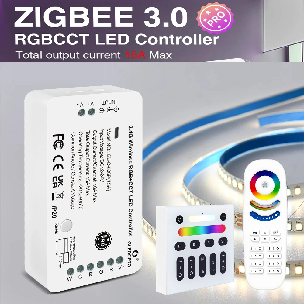 

GLEDOPTO Zigbee3.0 Pro RGBCCT LED Strip Controller DC12V-24V Total Output Current 15A Max