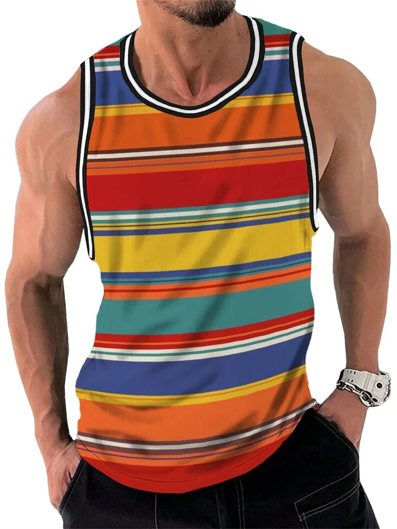 Retro Stripe Graphic Tank Tops For Men Fashion Casual Summer Sleeveless 3D Printed Vest Loose Crew Neck Quick Dry Sports Tees image 5