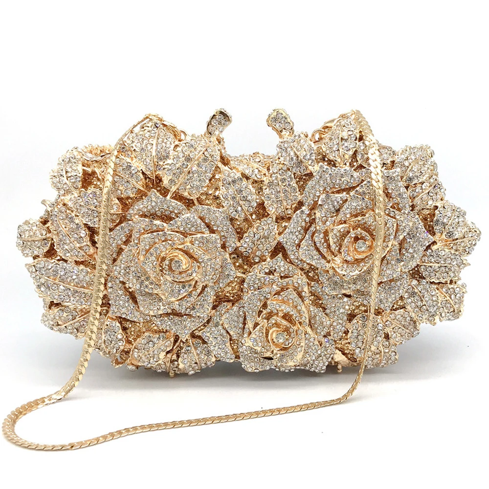 Floral Wedding Party Sparkling Diamond Clutch Purse Flower Rhinestone Hand Bags Women's Clutch Bag Crystal Ladies Evening Bag