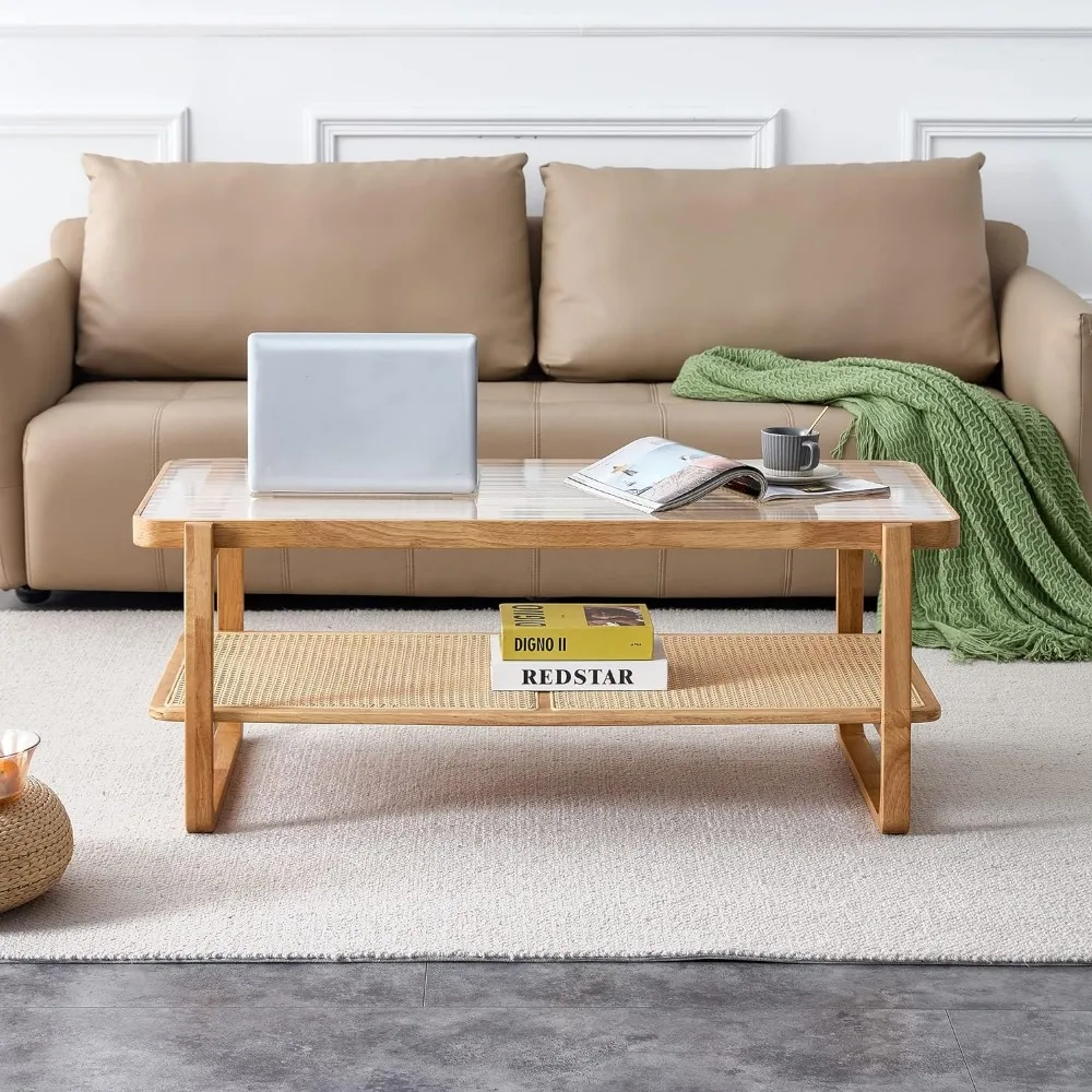Glass Top Coffee Table With Imitation Rattan Storage Shelf Rectangle Coffee Table for Living Room Furniture Tables Luxury Design