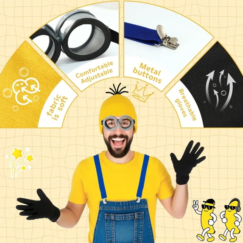 Disfraz Halloween-Kostümzubehör für Erwachsene, gelb/lila, Beanie-Brille, Handschuhe, Hosenträger, Halloween-Kostüm-Zubehör-Set