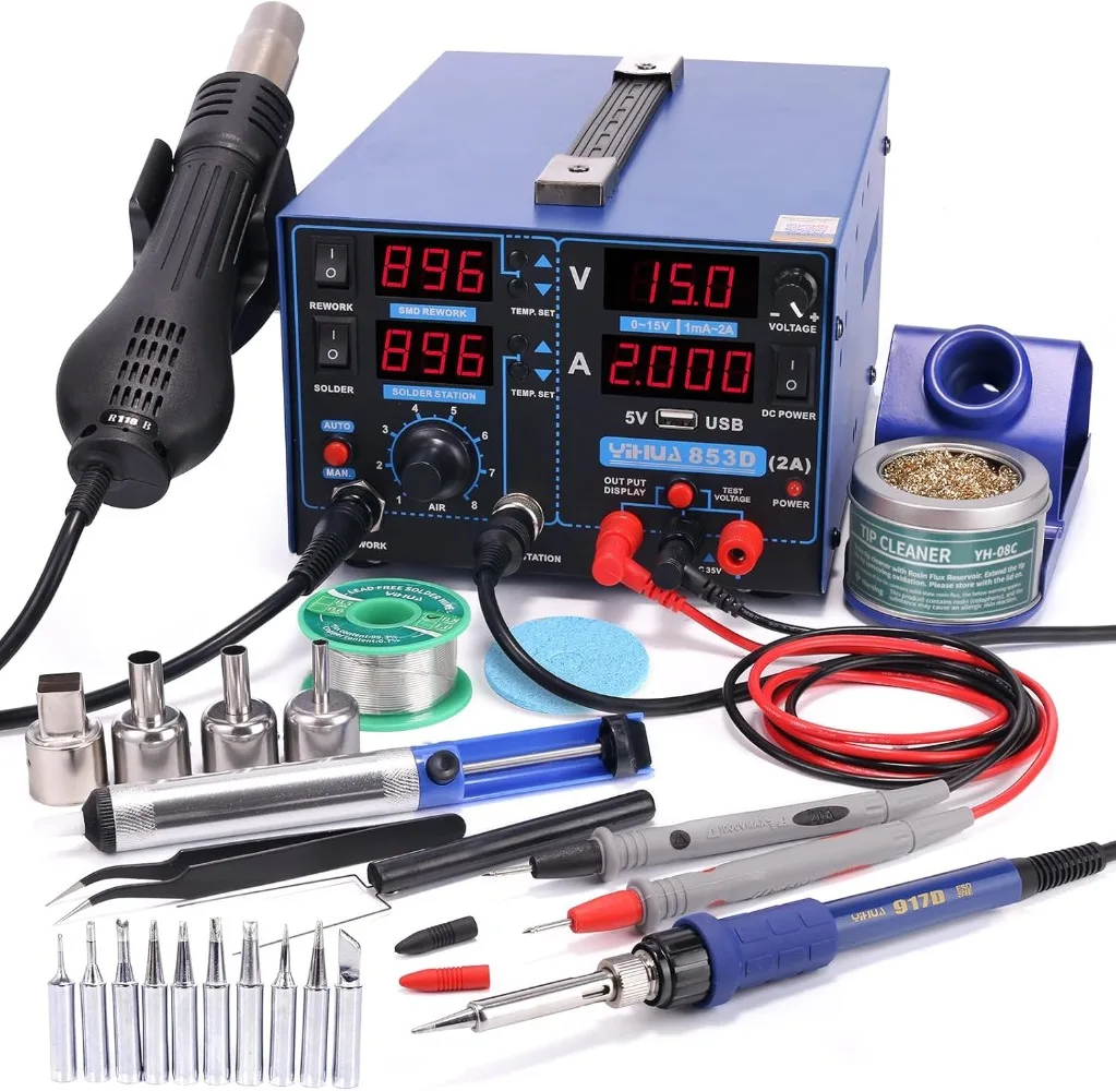 Estação de ferro de solda de retrabalho de ar quente, fonte de alimentação DC 0-15V 0-2A com porta de carregamento USB de 5V e medidor de teste de tensão DC de 35 volts