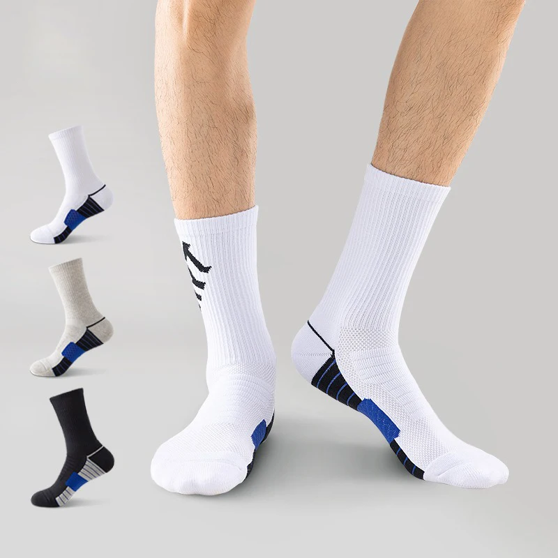 

3Pairs Sports Socks Men's Mid Calf Towel Bottom Sweat Absorbent Anti-Odor Socks Running Long Socks